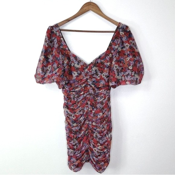 Zara Puff Shoulder Ruched Floral Chiffon Mini Dress Size S Blogger Fav - Picture 1 of 8